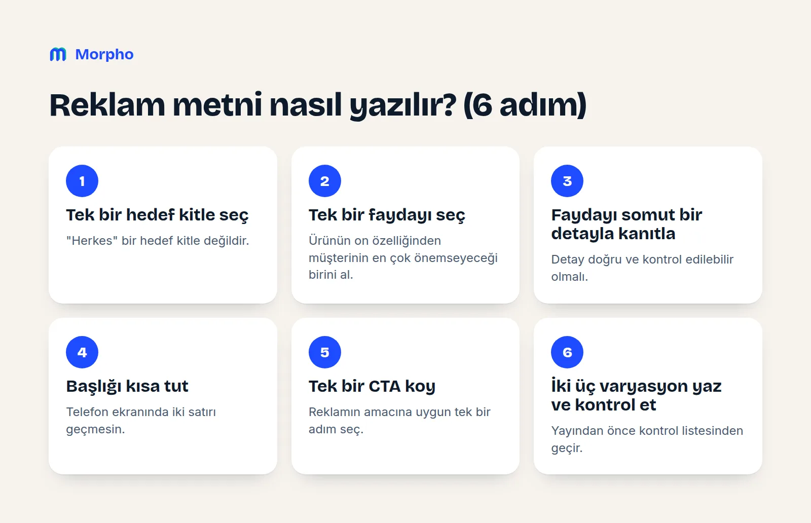 Reklam metni nasıl yazılır: tek hedef kitle, tek fayda, somut detay, kısa başlık, tek CTA, varyasyon ve kontrol adımları